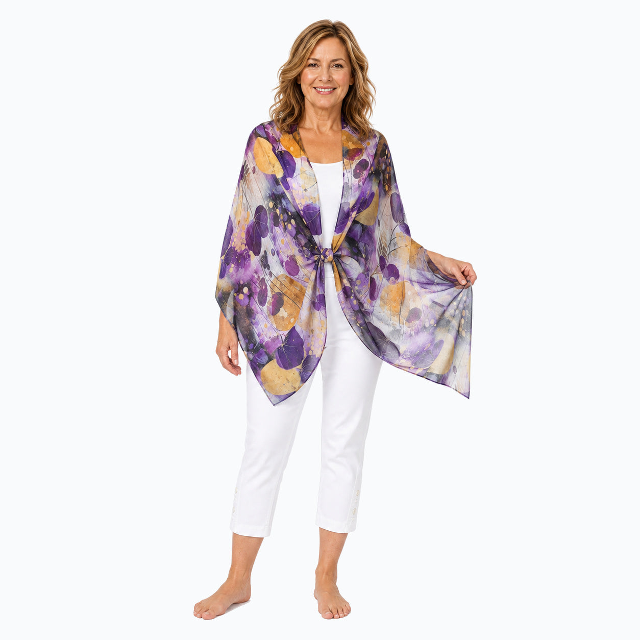 Claire Powell Imperial scarf in purple and gold botanical print, full body view with white camisole and white capri pants