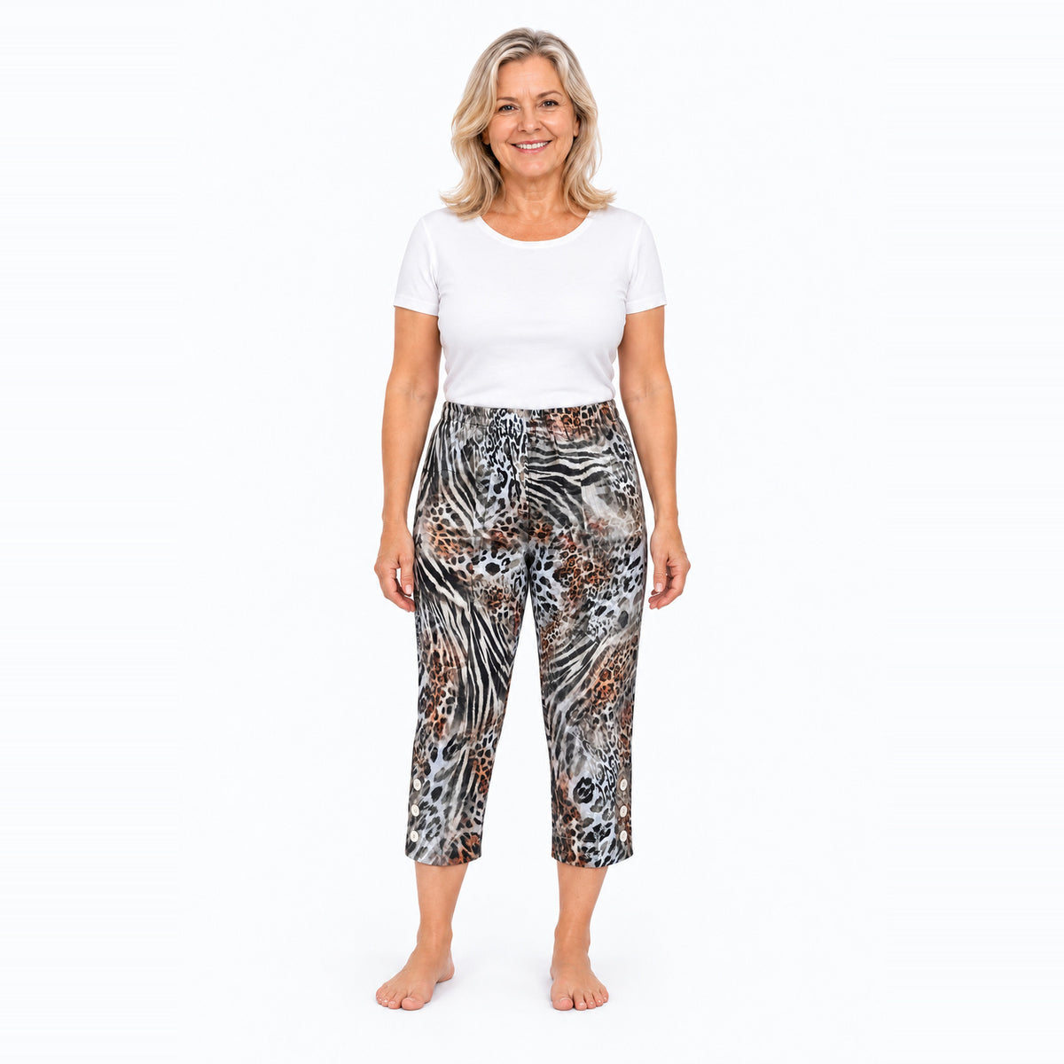 Woman wearing Claire Powell Jungle capri pants, front view
