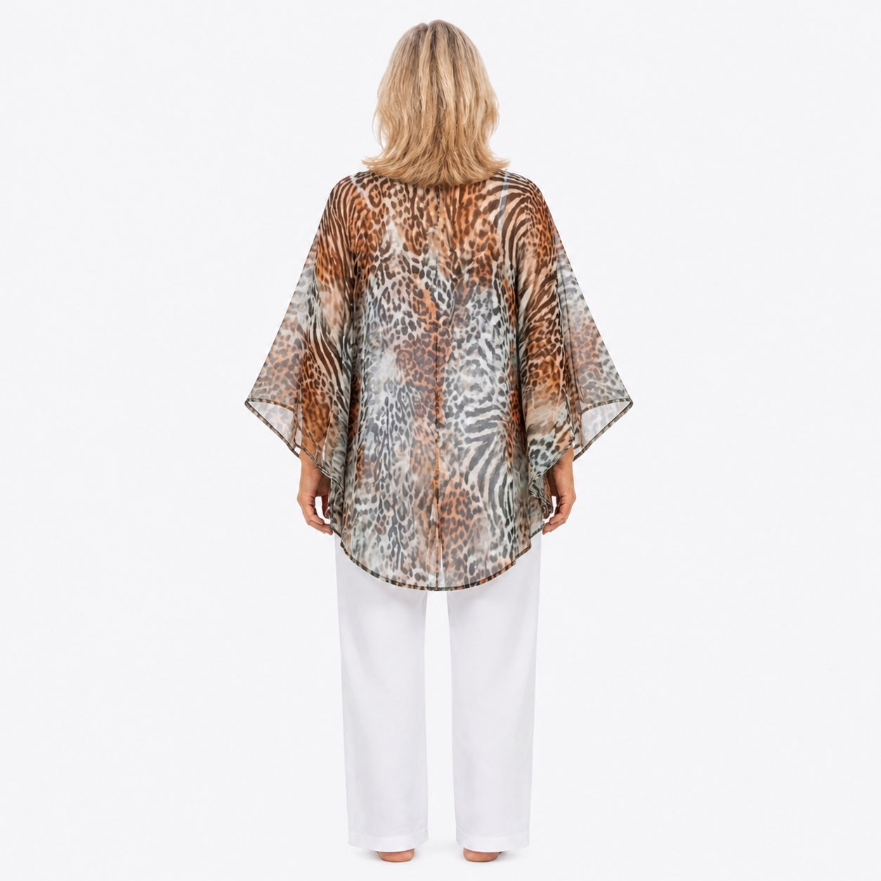 Woman wearing the Claire Powell Jungle Cotton Chiffon Kimono Cover-Up, back view