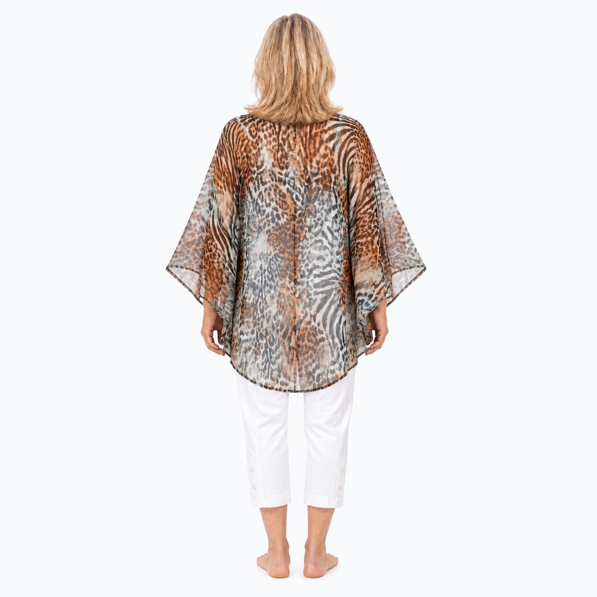 Back view of the Jungle cotton chiffon kimono with white capri pants