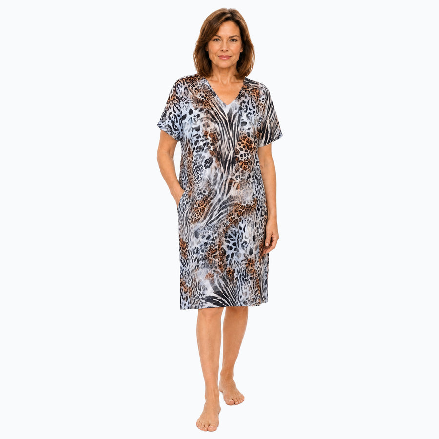 Jungle shift dress front view on model
