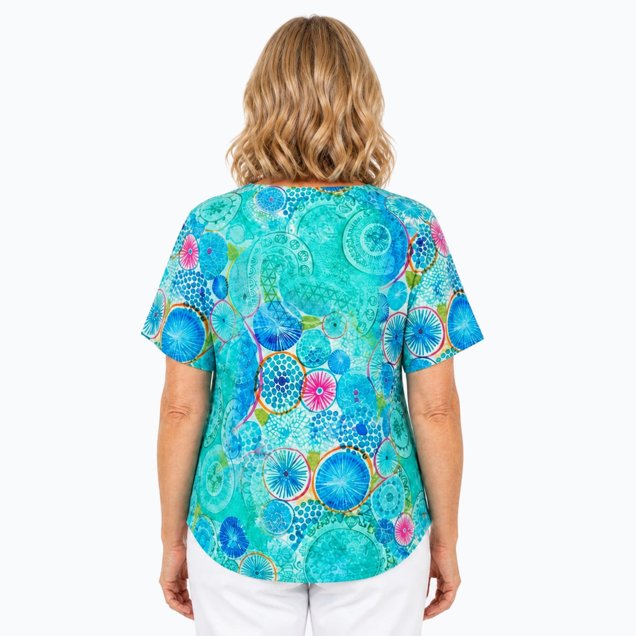 Woman wearing the Claire Powell Kaleido V-Neck T-Shirt, back view