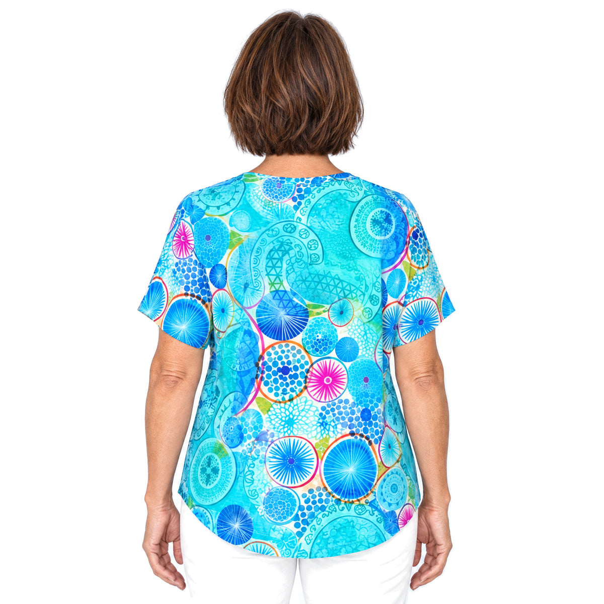 Woman wearing the Claire Powell Kaleido V-Neck T-Shirt, back view