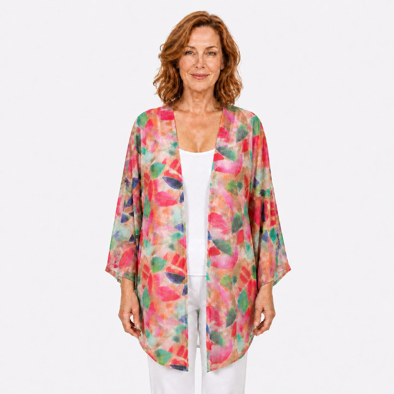 Woman wearing the Claire Powell La Peach Cotton Chiffon Kimono Cover-Up, front view