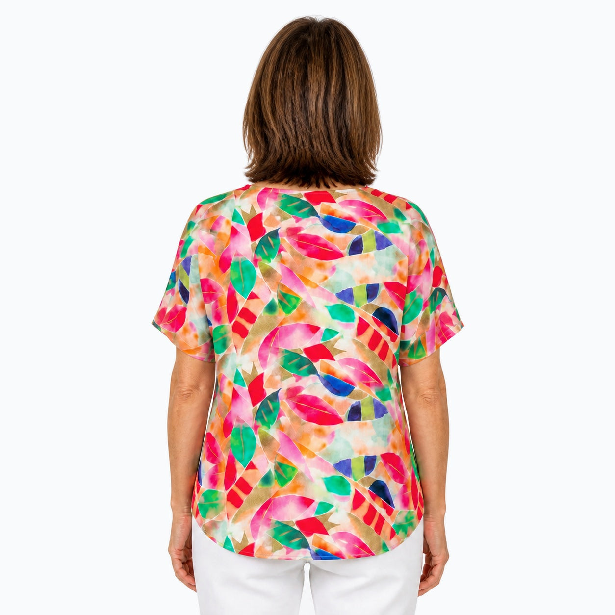 Woman wearing the Claire Powell La Peach V-Neck T-Shirt, back view