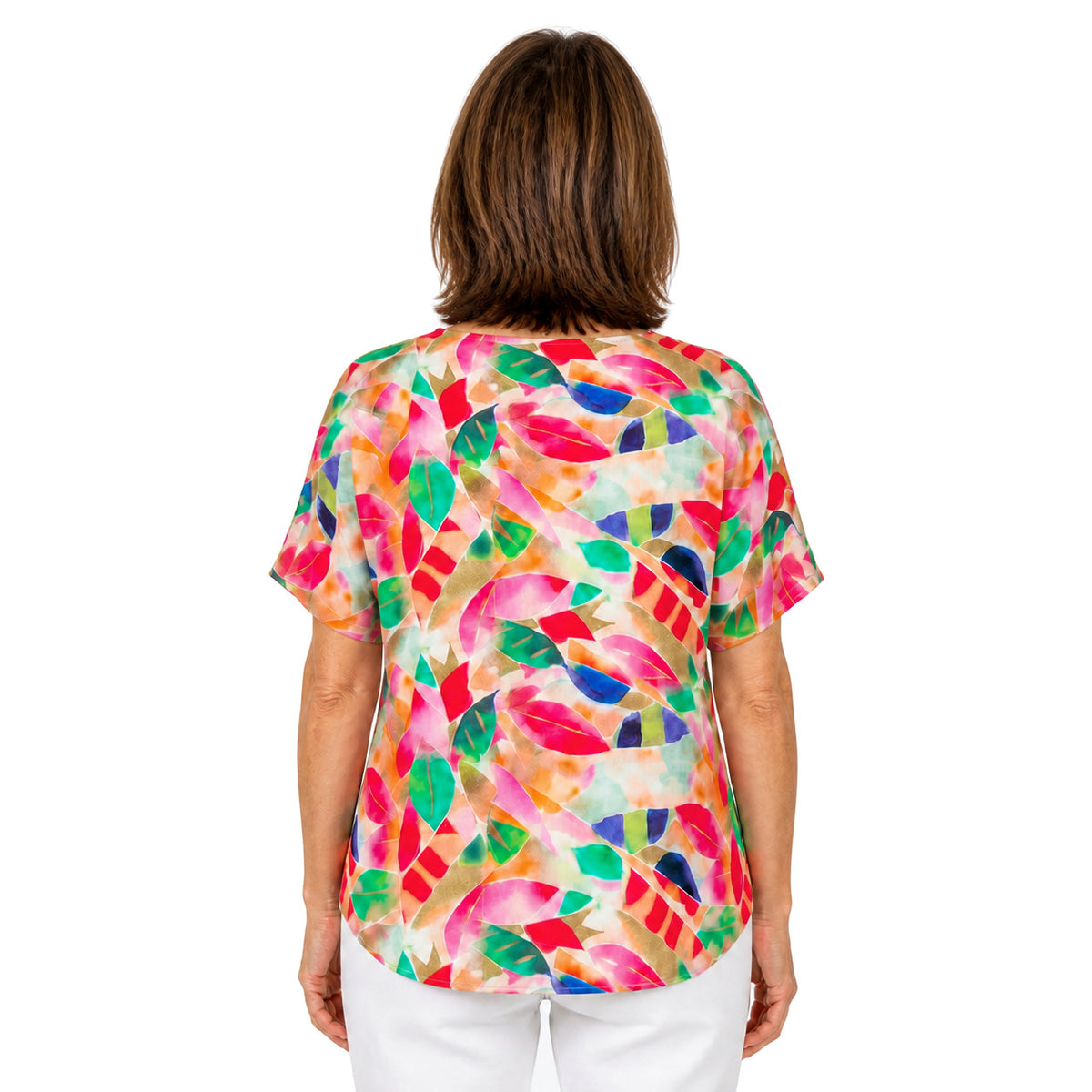 Woman wearing the Claire Powell La Peach V-Neck T-Shirt, back view