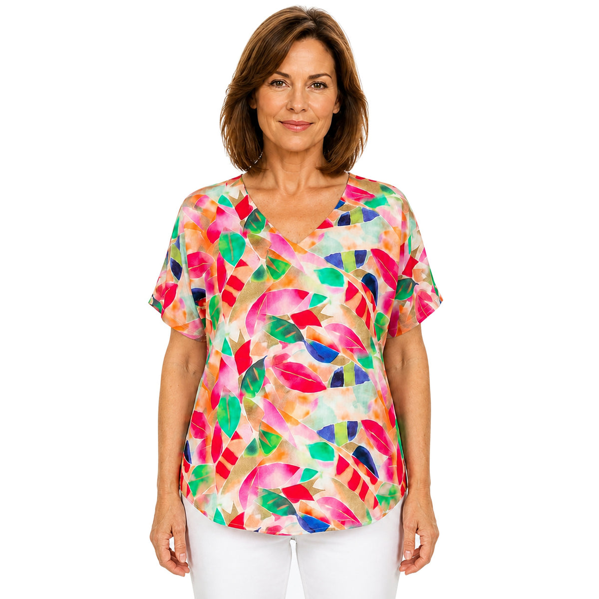Woman wearing the Claire Powell La Peach V-Neck T-Shirt, front view