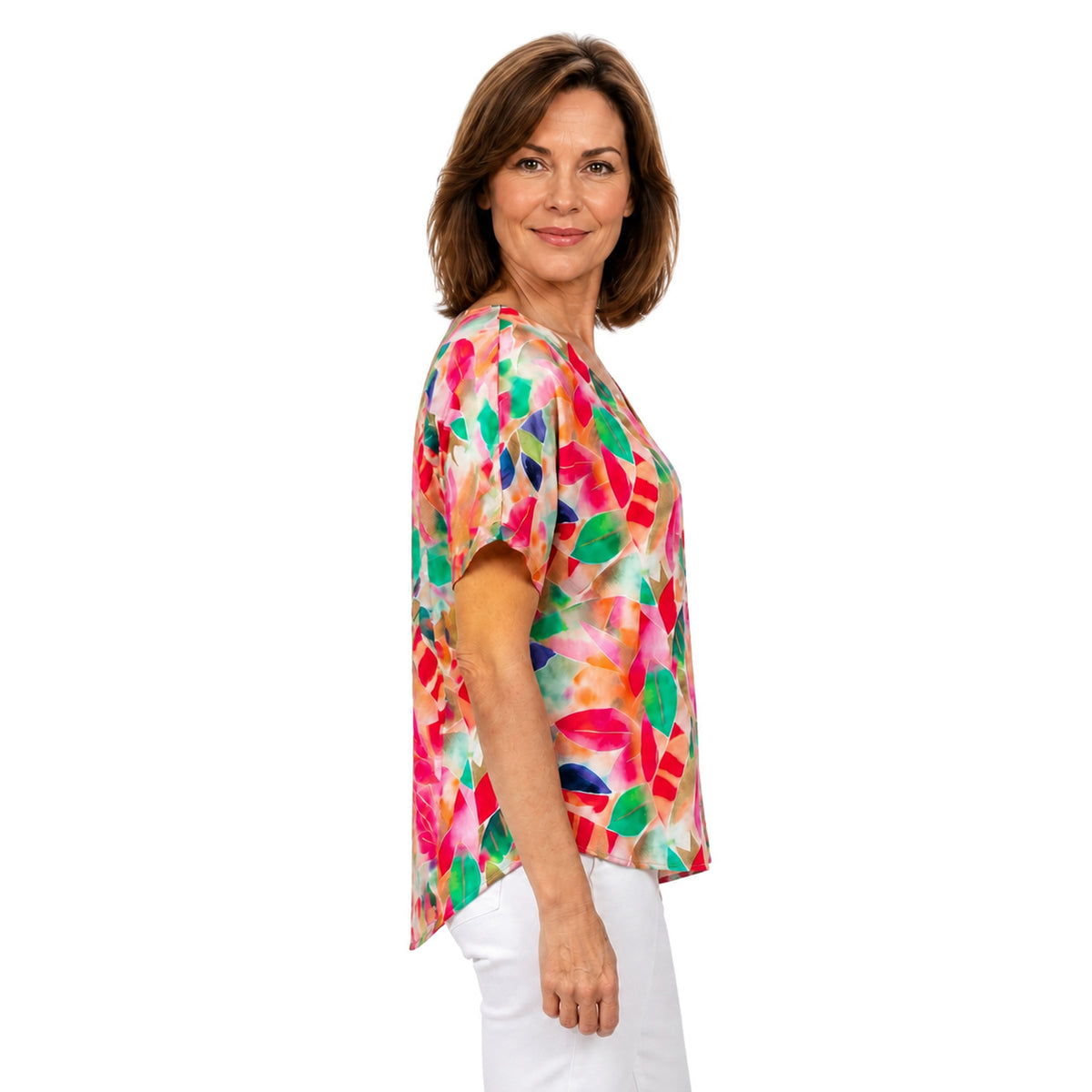 Woman wearing the Claire Powell La Peach V-Neck T-Shirt, side view