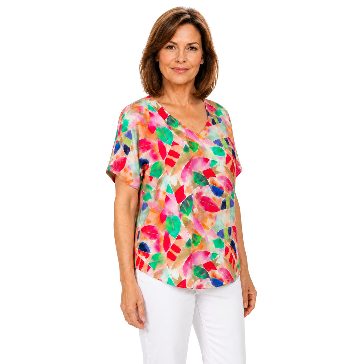 Woman wearing the Claire Powell La Peach V-Neck T-Shirt, three-quarter view