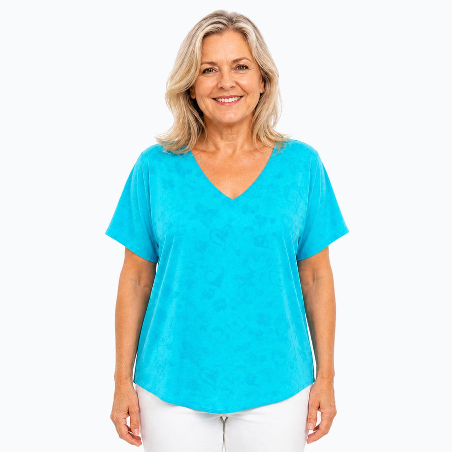 Woman wearing the Claire Powell Love Aqua V-Neck T-Shirt, front view