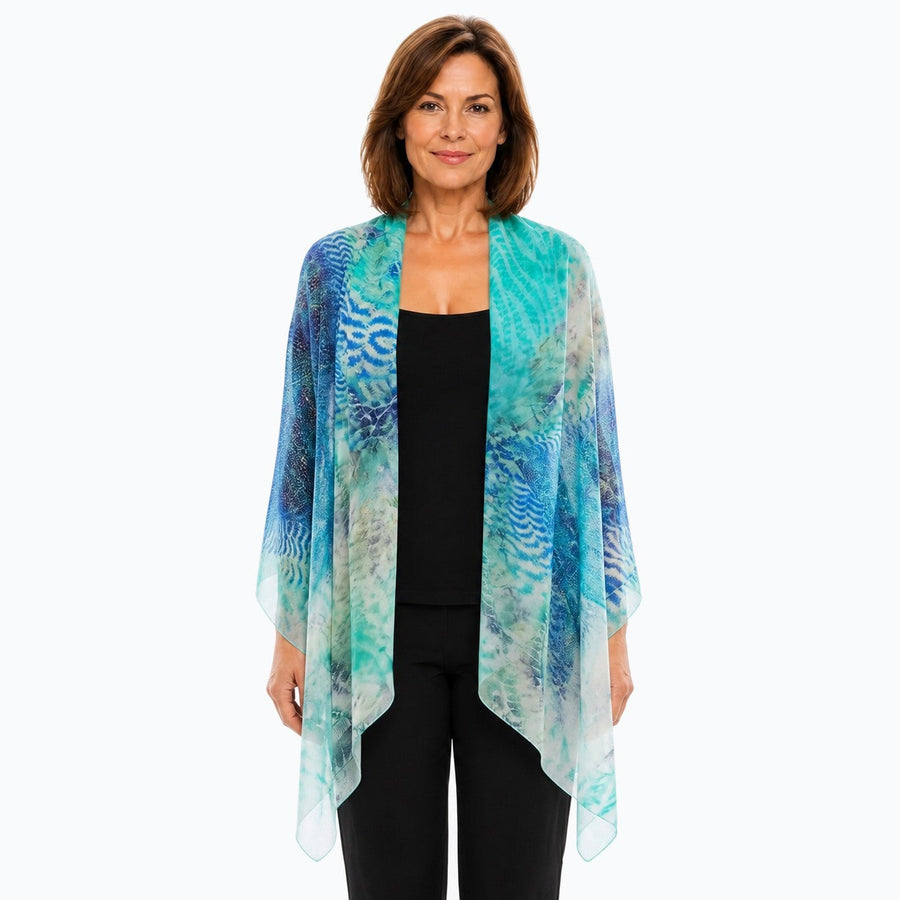 Woman wearing the Claire Powell Marine Silk Scarf, front view