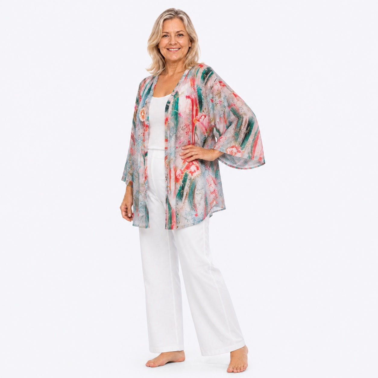 Woman wearing the Claire Powell Meadow Modal Kimono Cover-Up, fashion pose