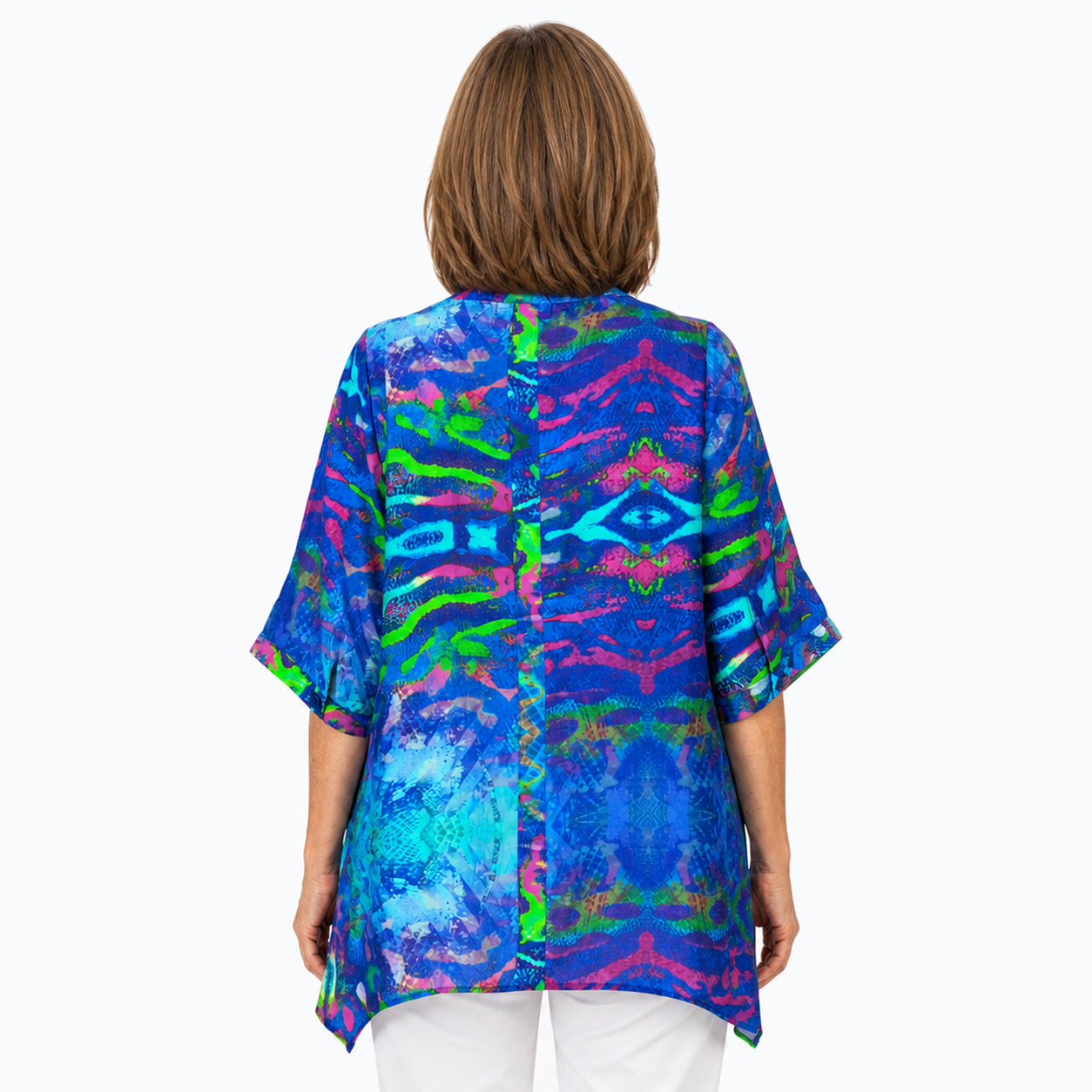 Woman wearing the Claire Powell Mirage A-Line Tunic Shirt, back view