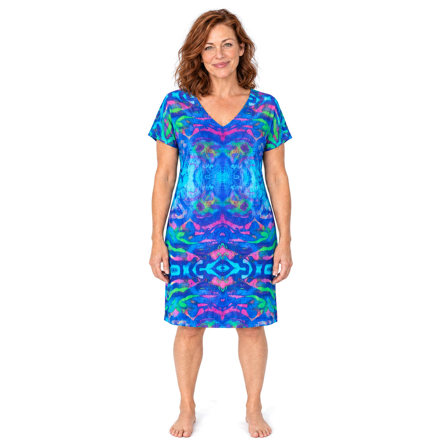 Woman wearing the Claire Powell Mirage Shift Dress, front view