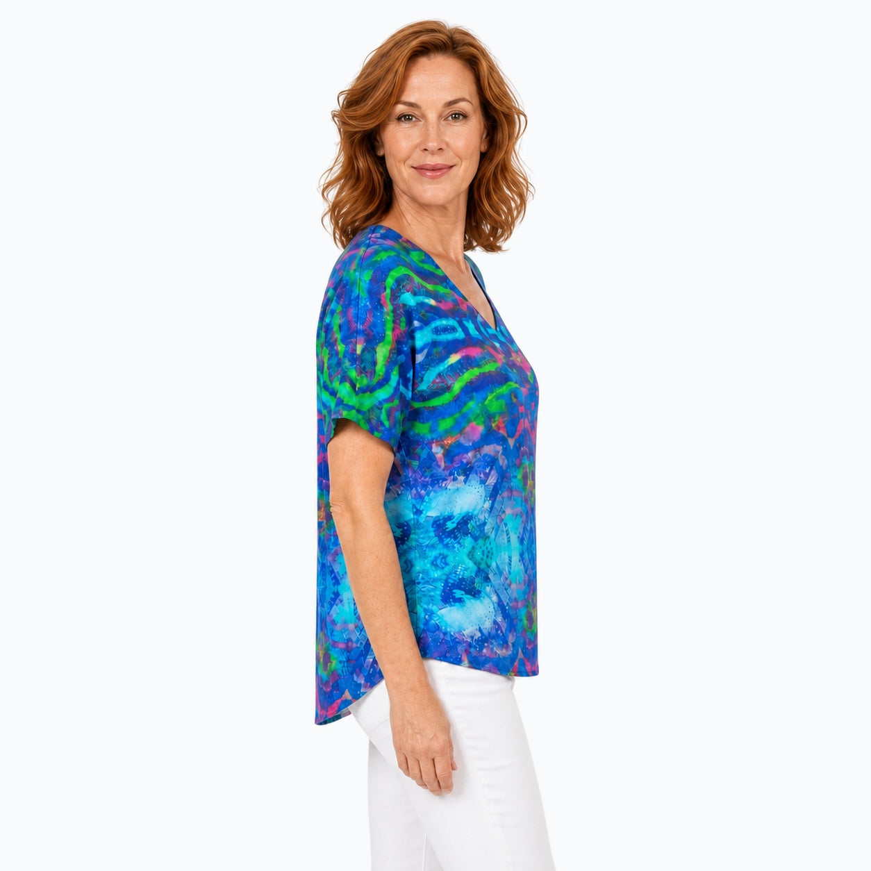 Woman wearing the Claire Powell Mirage V-Neck T-Shirt, side view
