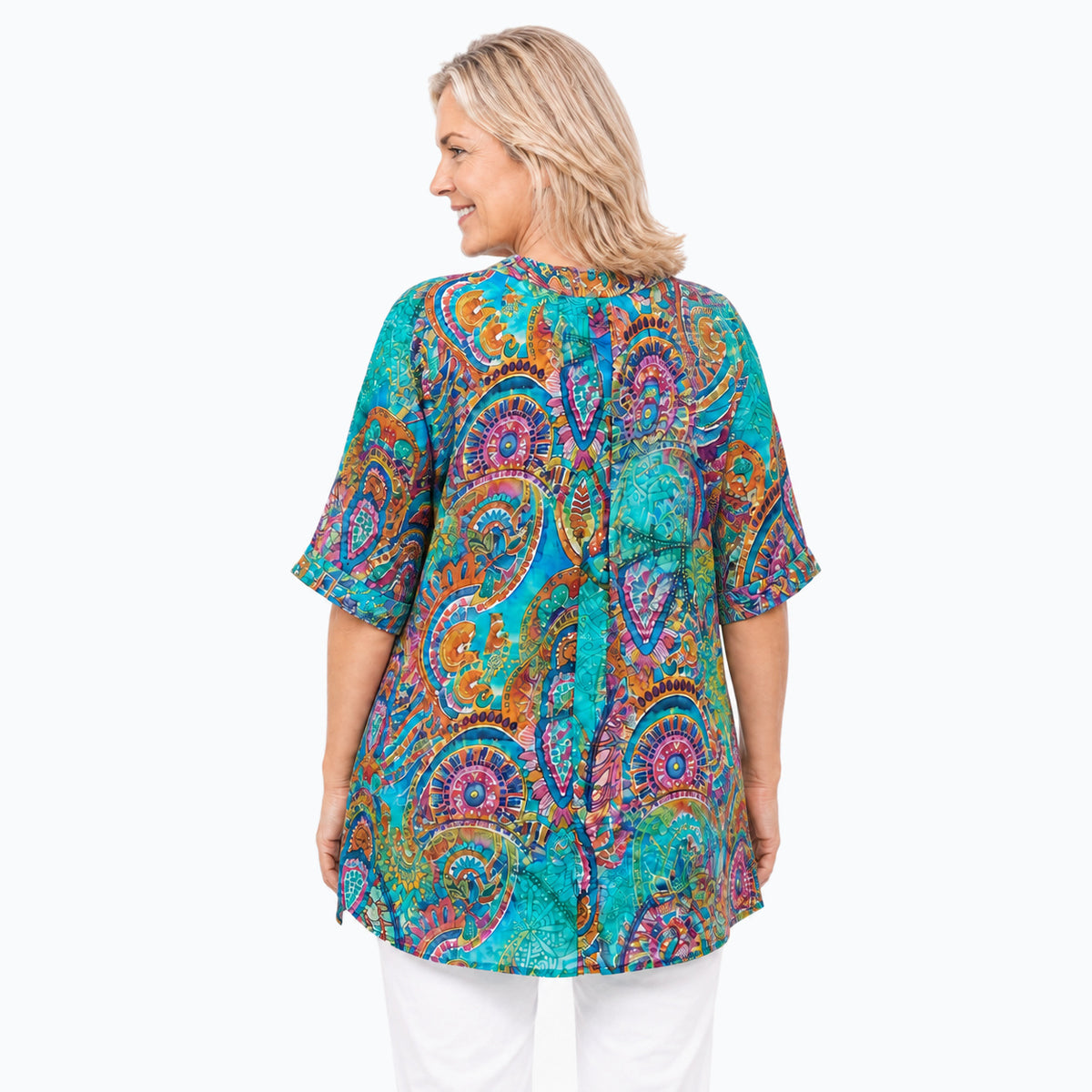 Woman wearing the Claire Powell Mosaic A-Line Tunic Shirt, back view
