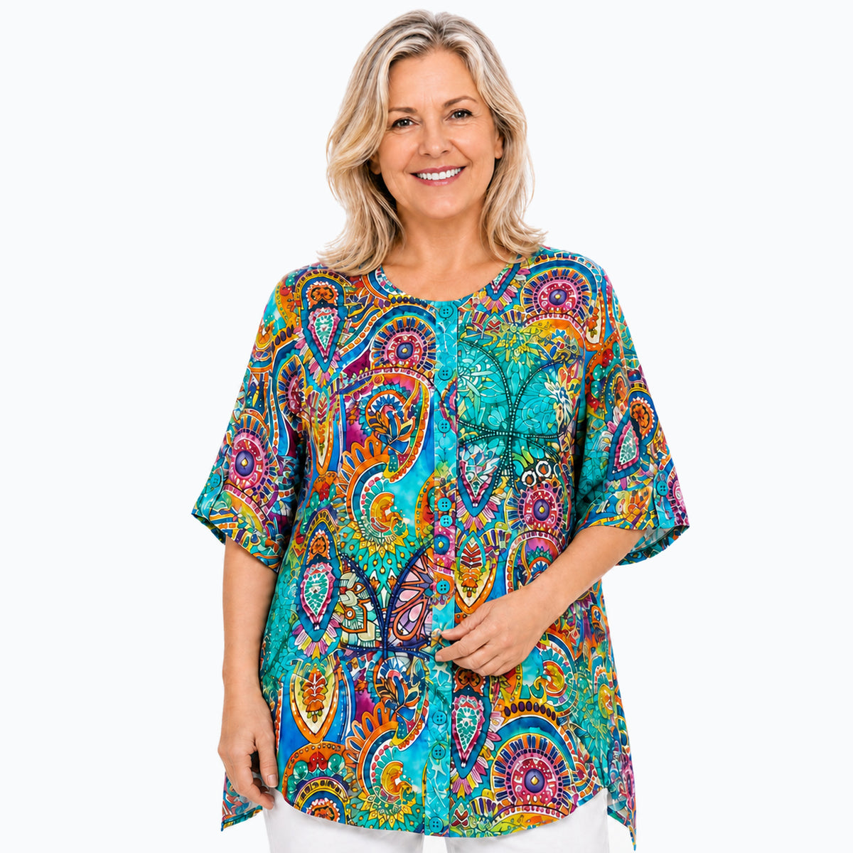 Woman wearing the Claire Powell Mosaic A-Line Tunic Shirt, front view