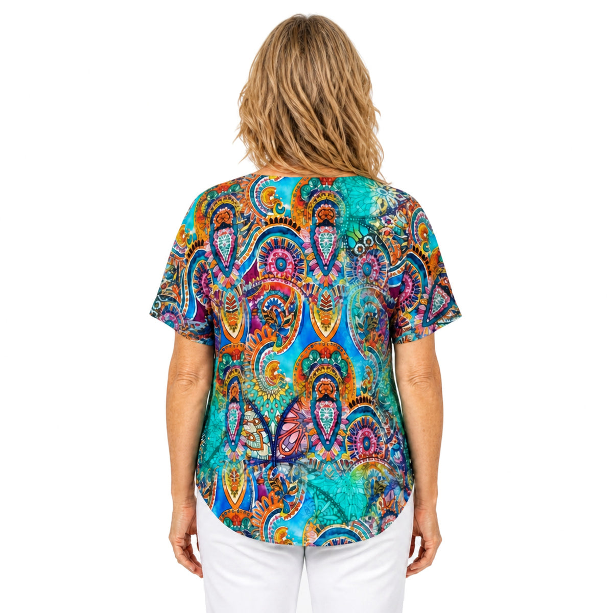 Woman wearing the Claire Powell Mosaic V-Neck T-Shirt, back view