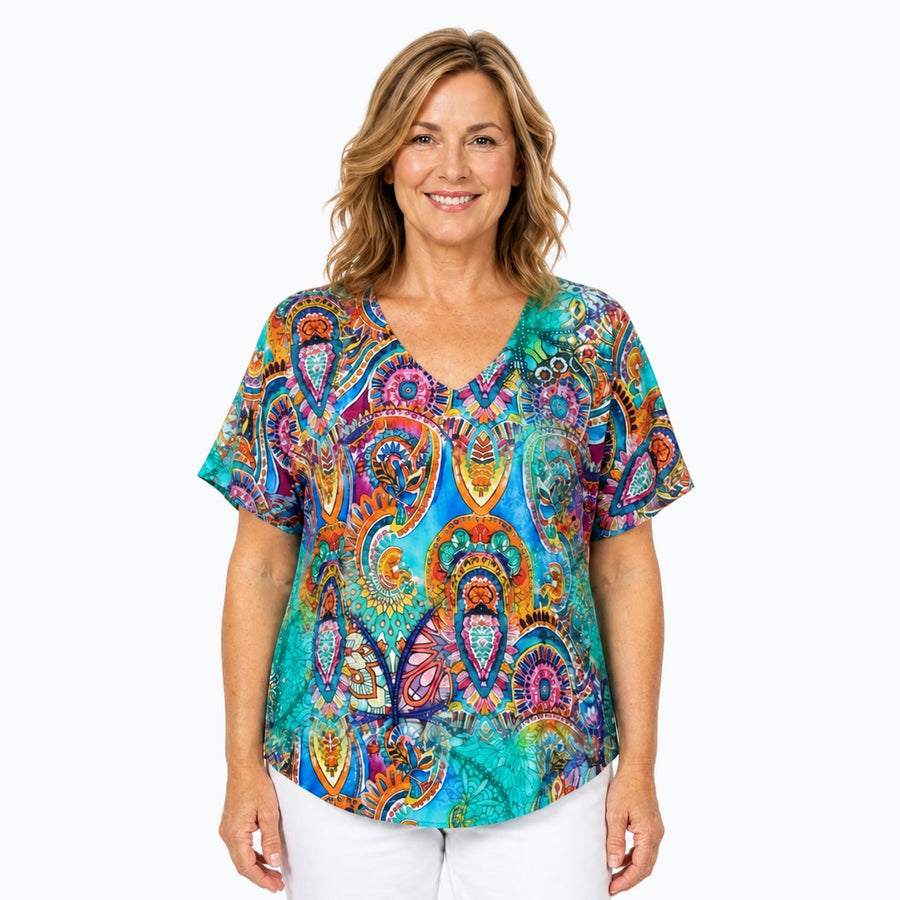Woman wearing the Claire Powell Mosaic V-Neck T-Shirt, front view