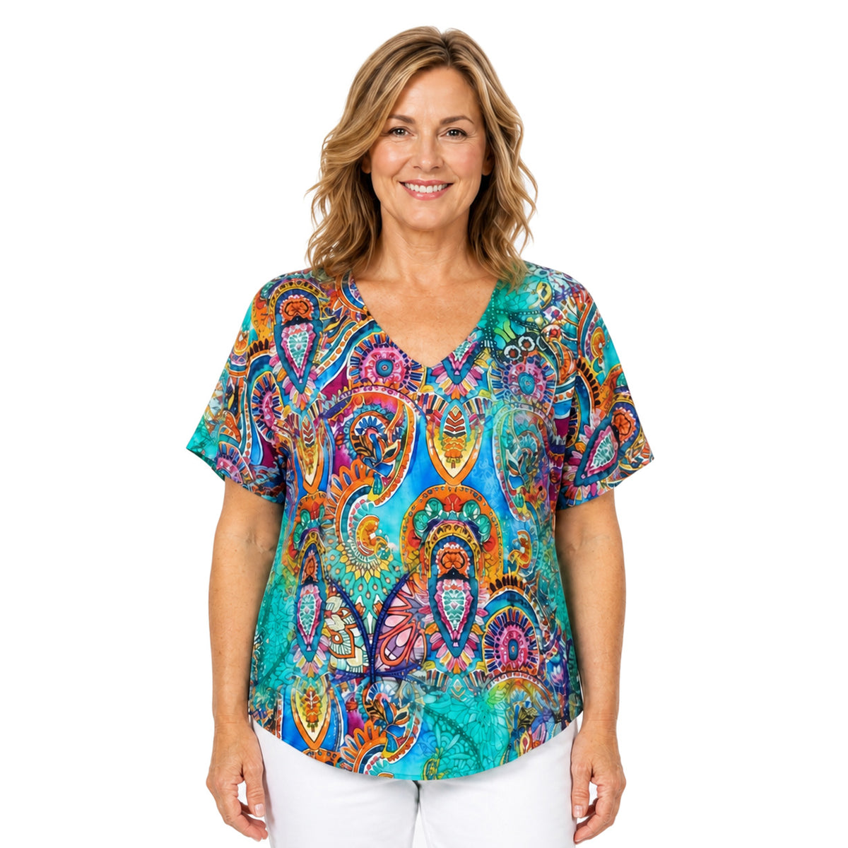 Woman wearing the Claire Powell Mosaic V-Neck T-Shirt, front view