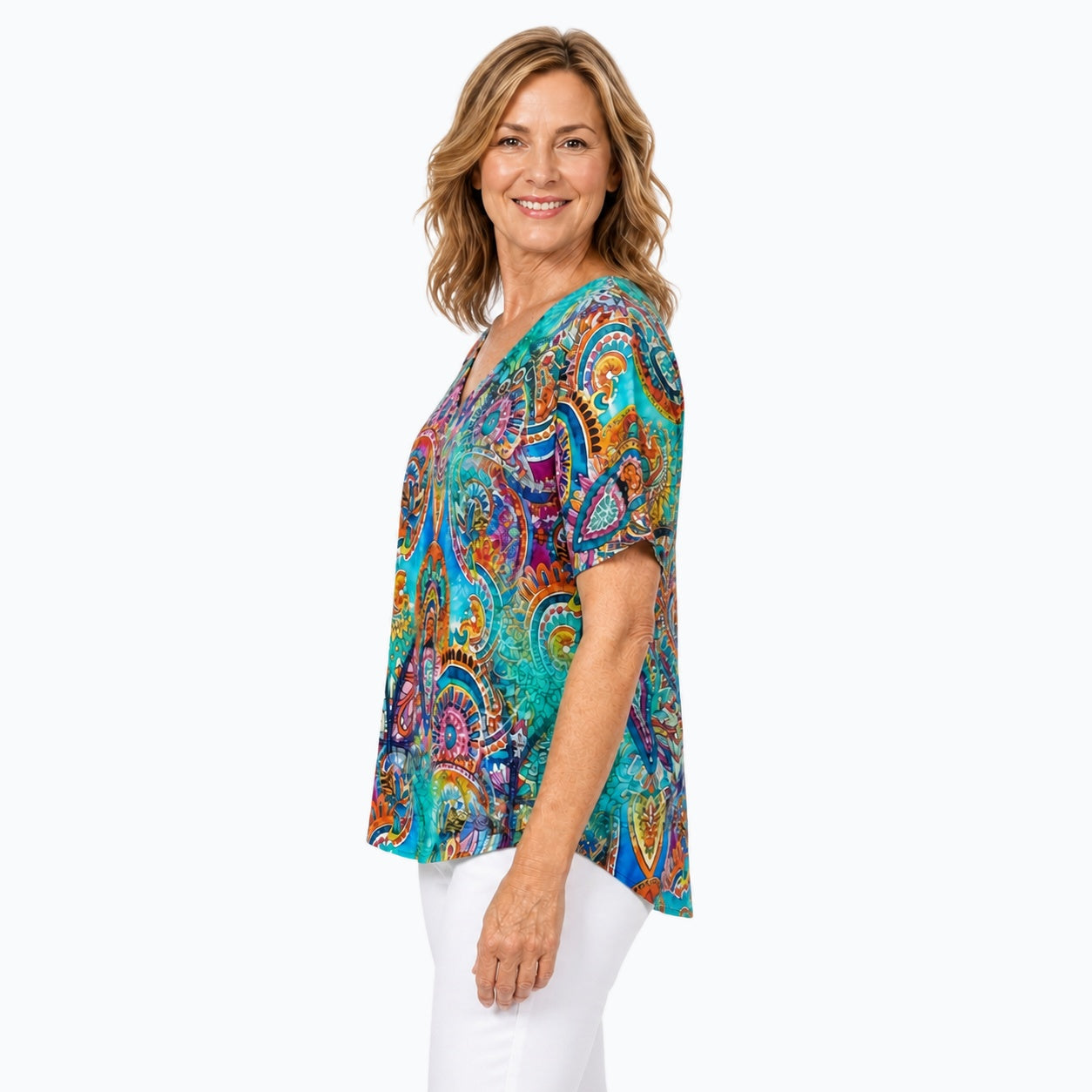 Woman wearing the Claire Powell Mosaic V-Neck T-Shirt, side view