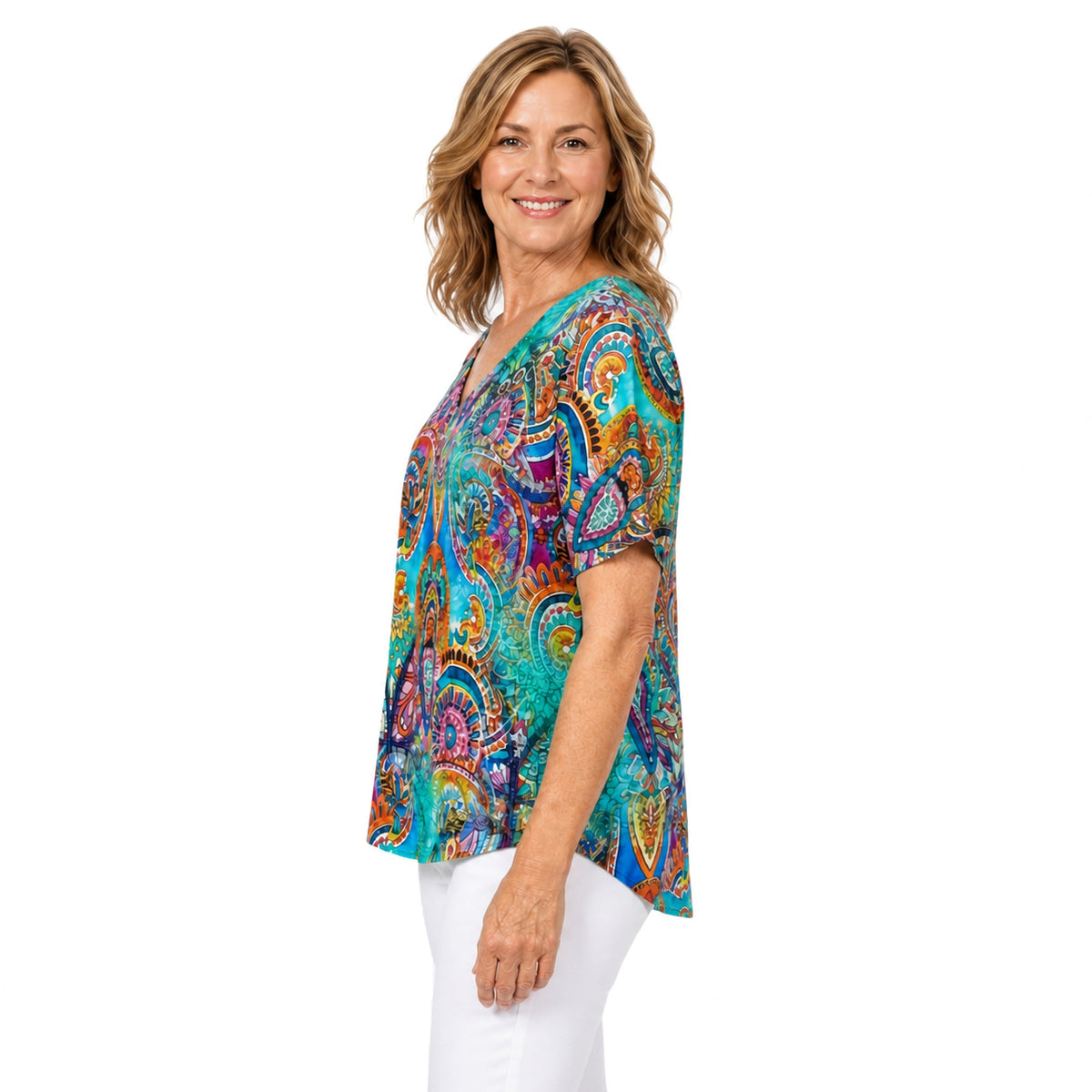 Woman wearing the Claire Powell Mosaic V-Neck T-Shirt, side view