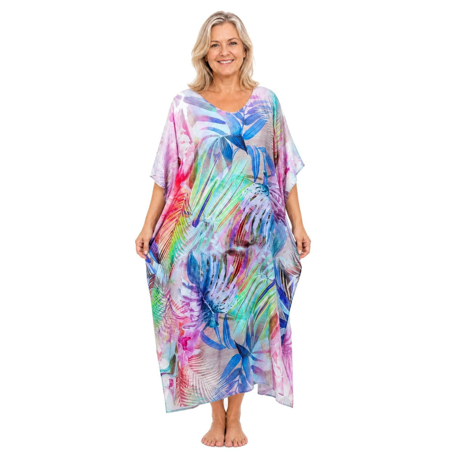 Claire Powell Oasis midi kaftan dress on a mature woman, front view