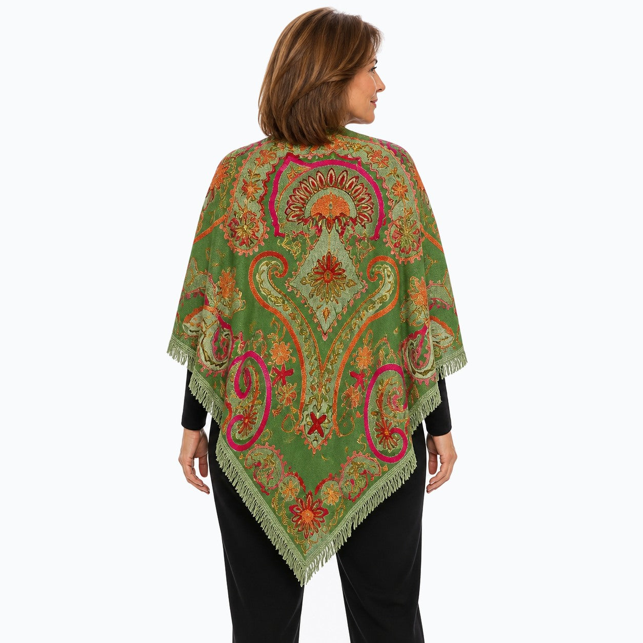 Woman wearing the Claire Powell Olive Wool Shawl, back view