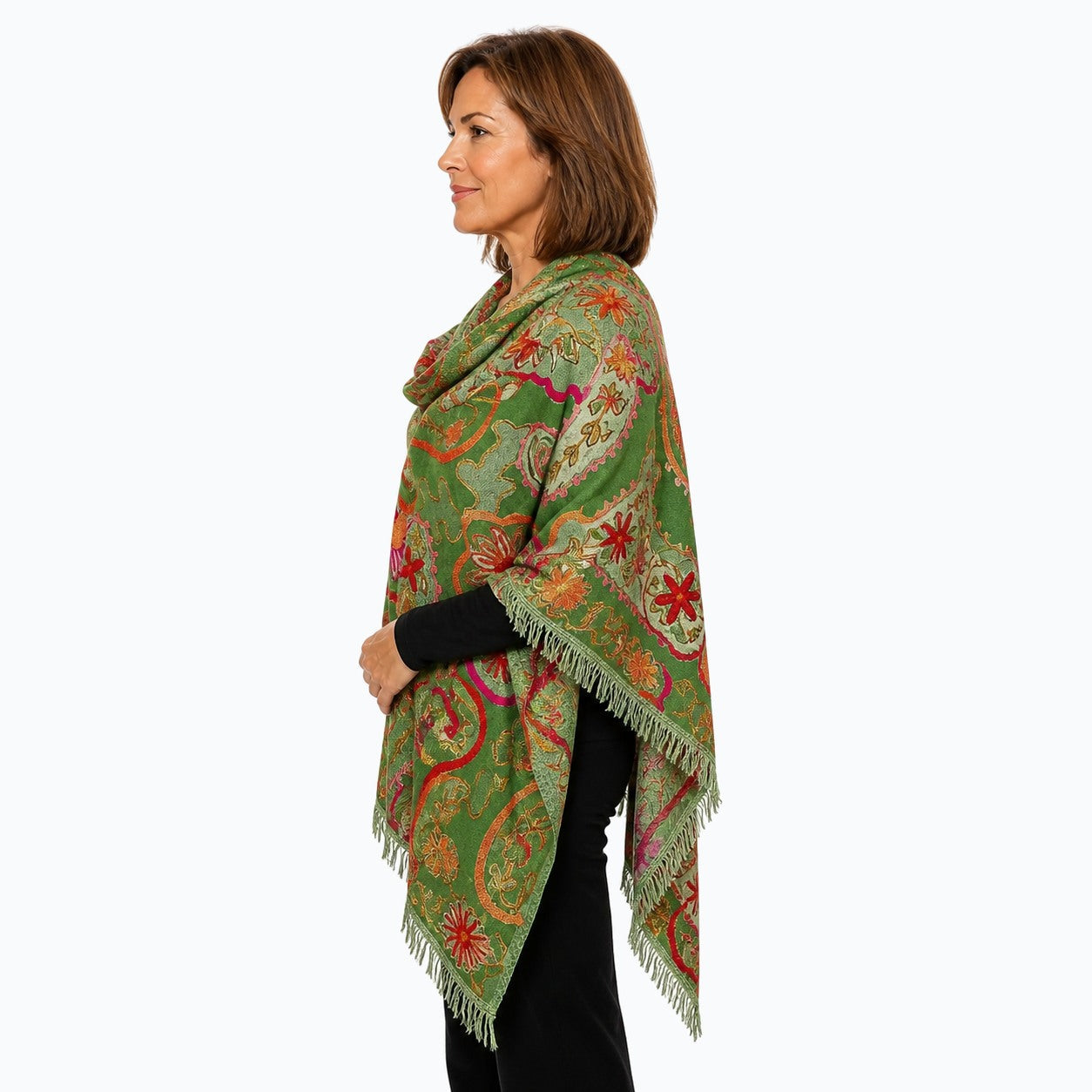 Woman wearing the Claire Powell Olive Wool Shawl, side view