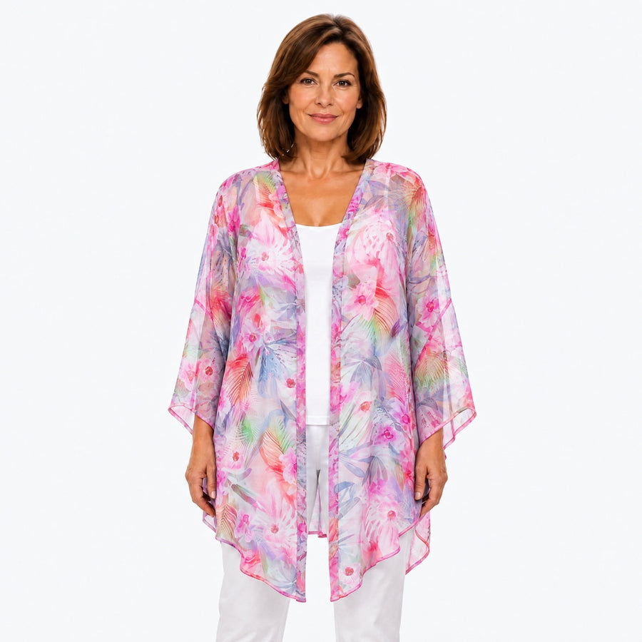 Woman wearing the Claire Powell Orchid Cotton Chiffon Kimono Cover-Up, front view