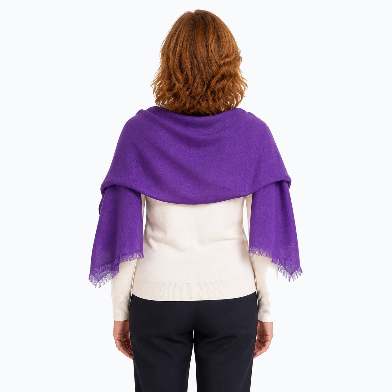 Woman wearing the Claire Powell Plum Silk Wool Scarf, back view