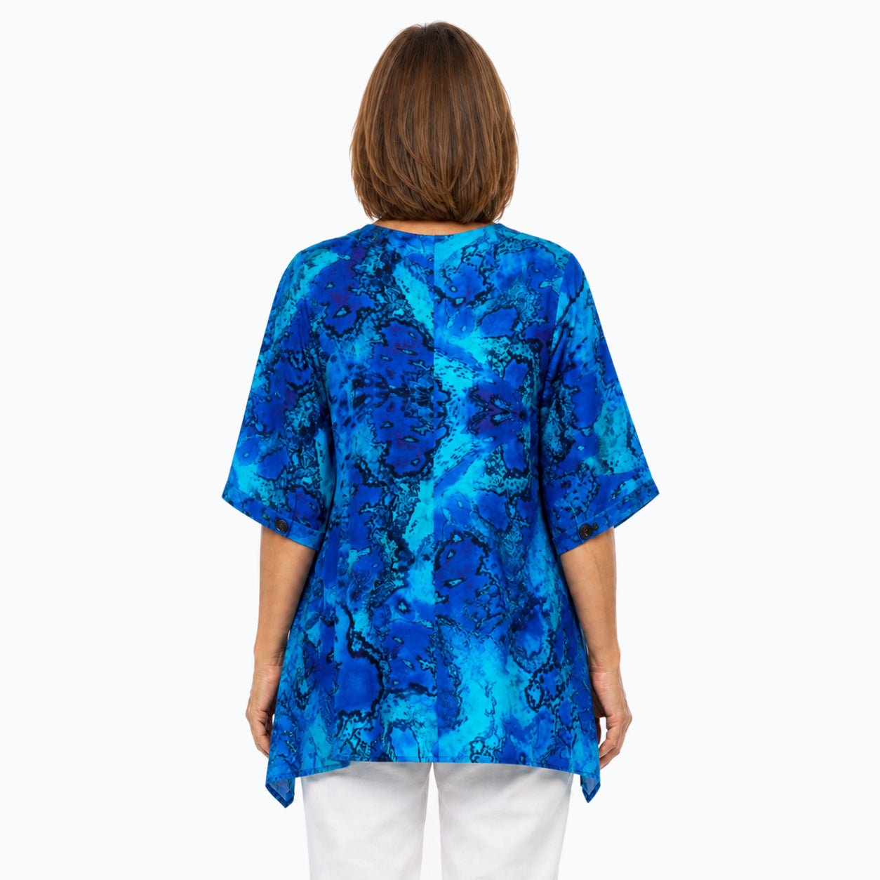 Woman wearing the Claire Powell Reef A-Line Tunic Shirt, back view