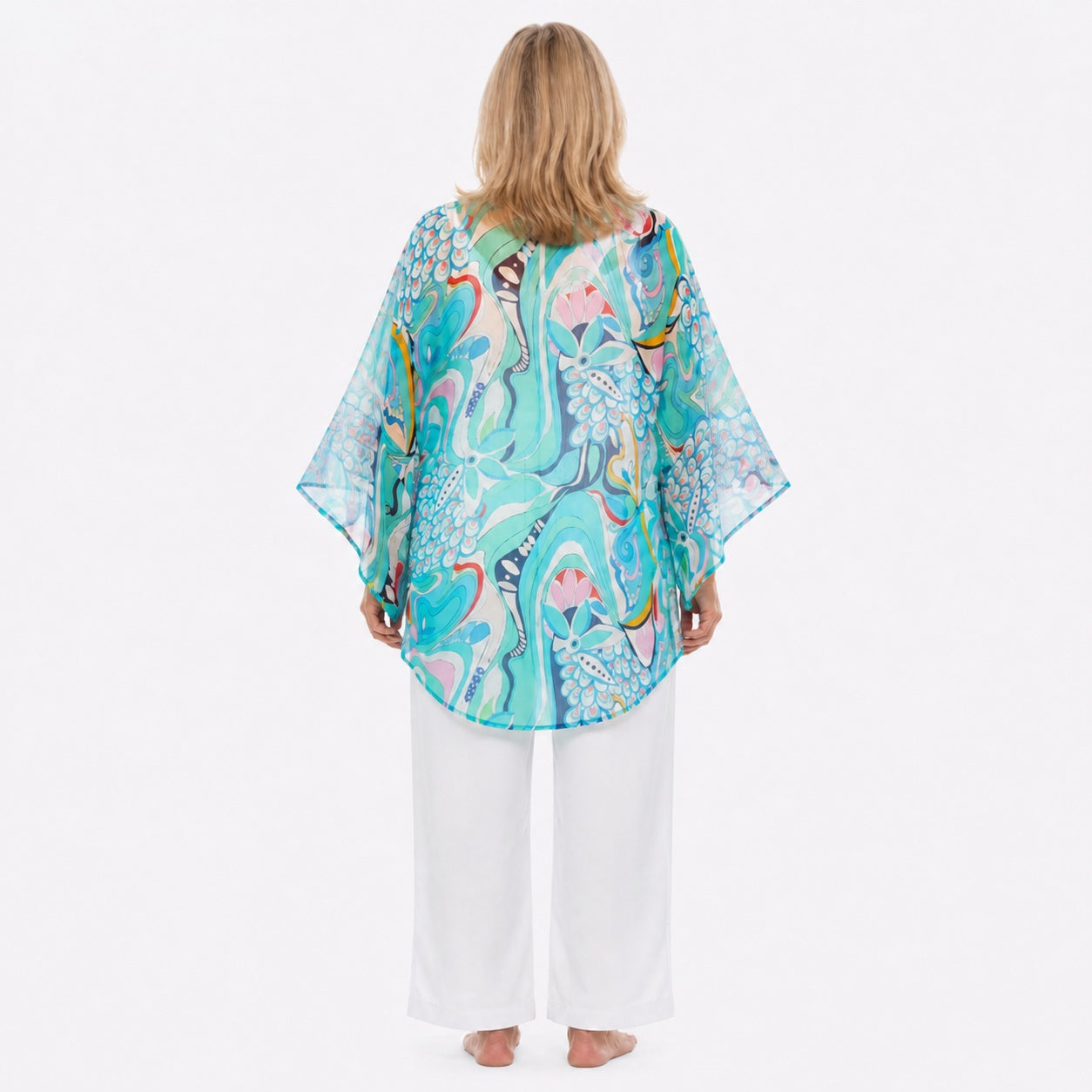 Woman wearing the Claire Powell Sakura Cotton Chiffon Kimono Cover-Up, back view