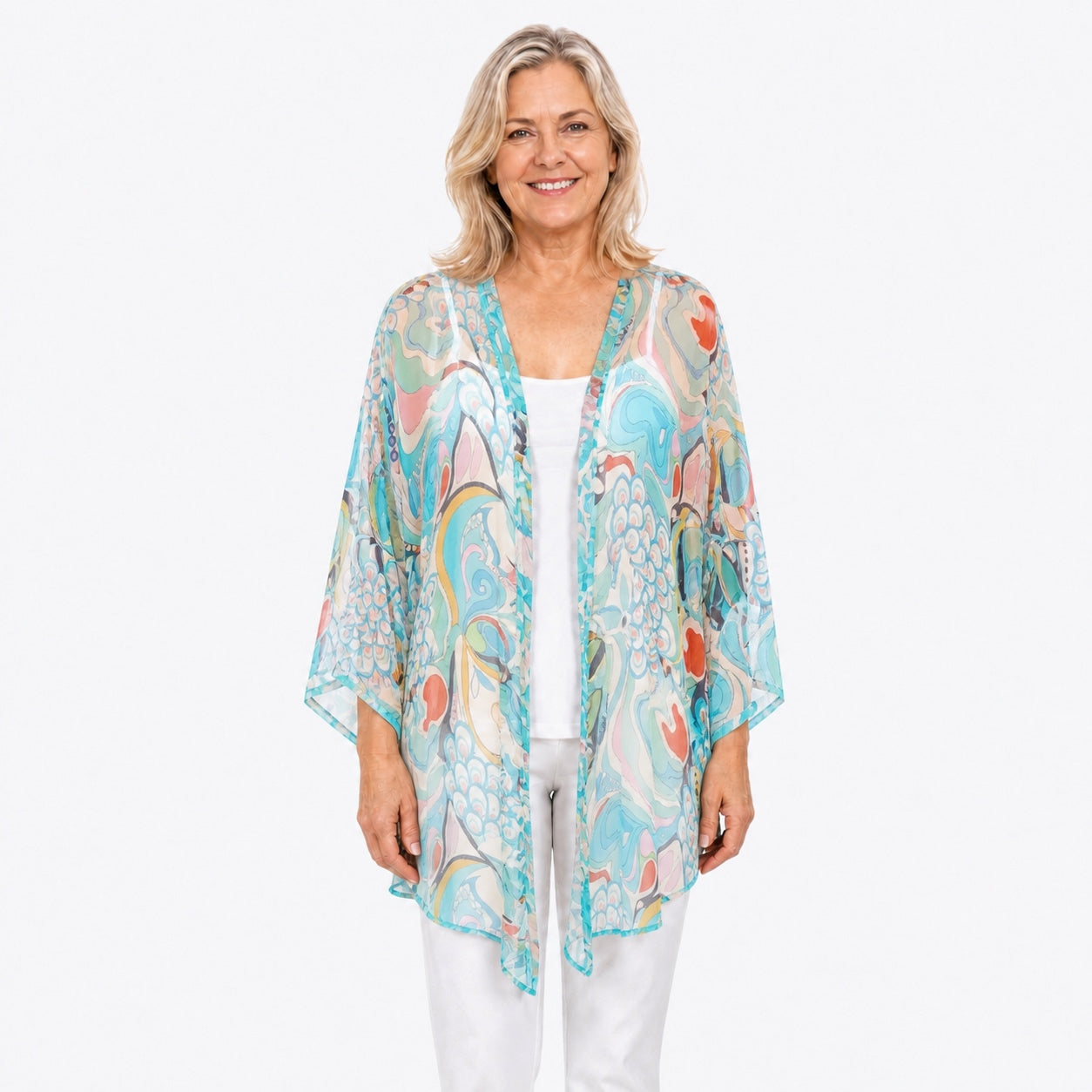 Woman wearing the Claire Powell Sakura Cotton Chiffon Kimono Cover-Up, front view