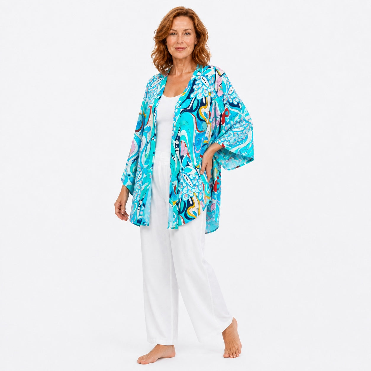 Woman wearing the Claire Powell Sakura Modal Kimono Cover-Up, fashion pose
