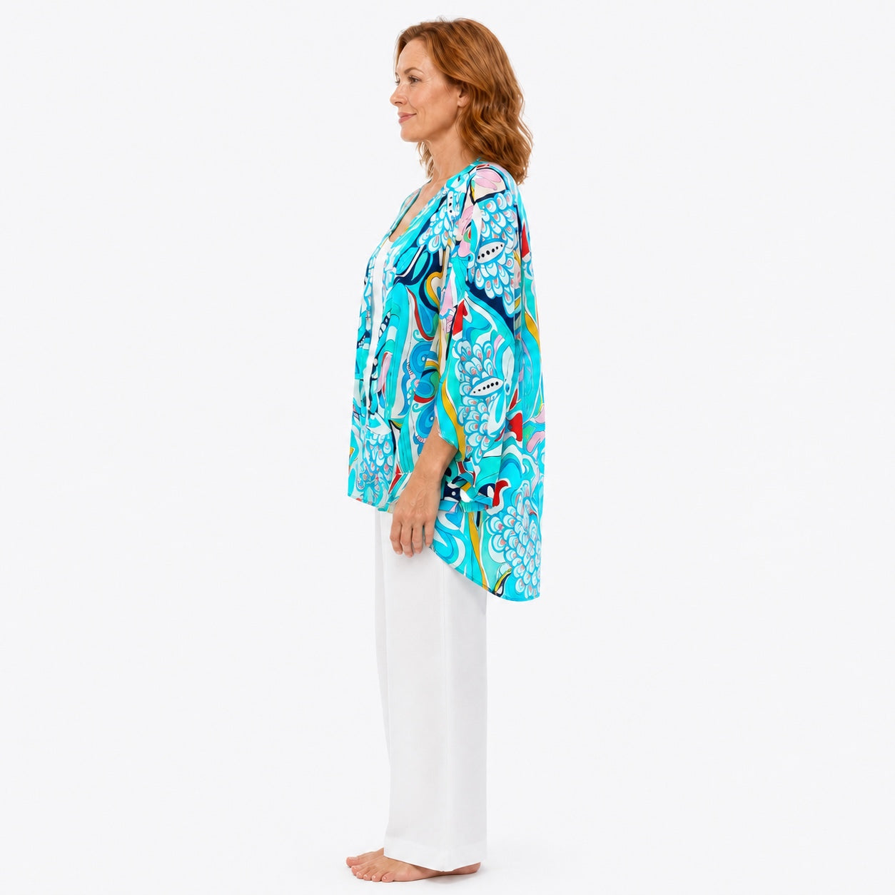 Woman wearing the Claire Powell Sakura Modal Kimono Cover-Up, side view