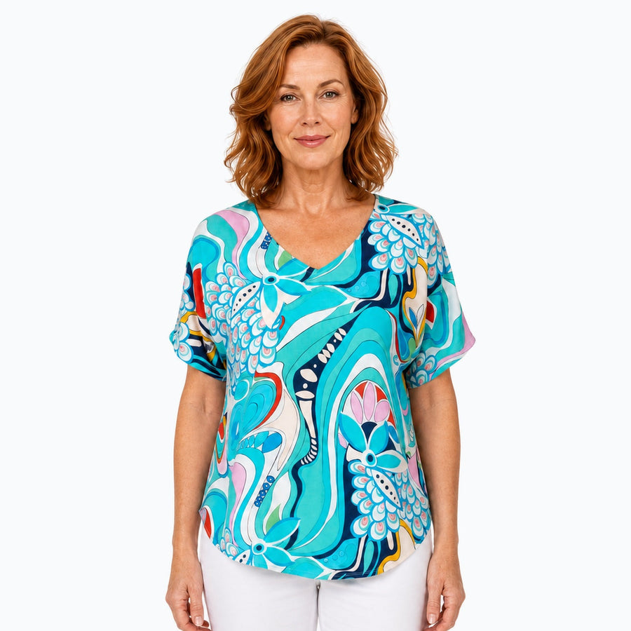 Woman wearing the Claire Powell Sakura V-Neck T-Shirt, front view