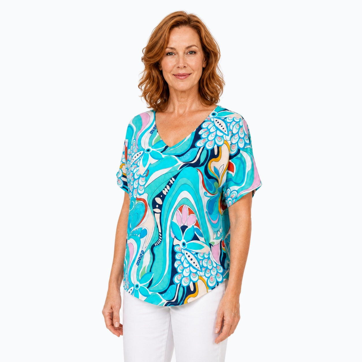 Woman wearing the Claire Powell Sakura V-Neck T-Shirt, three-quarter view