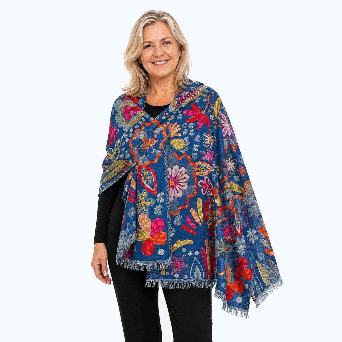 Woman wearing the Claire Powell Sapphire Wool Shawl, three-quarter view