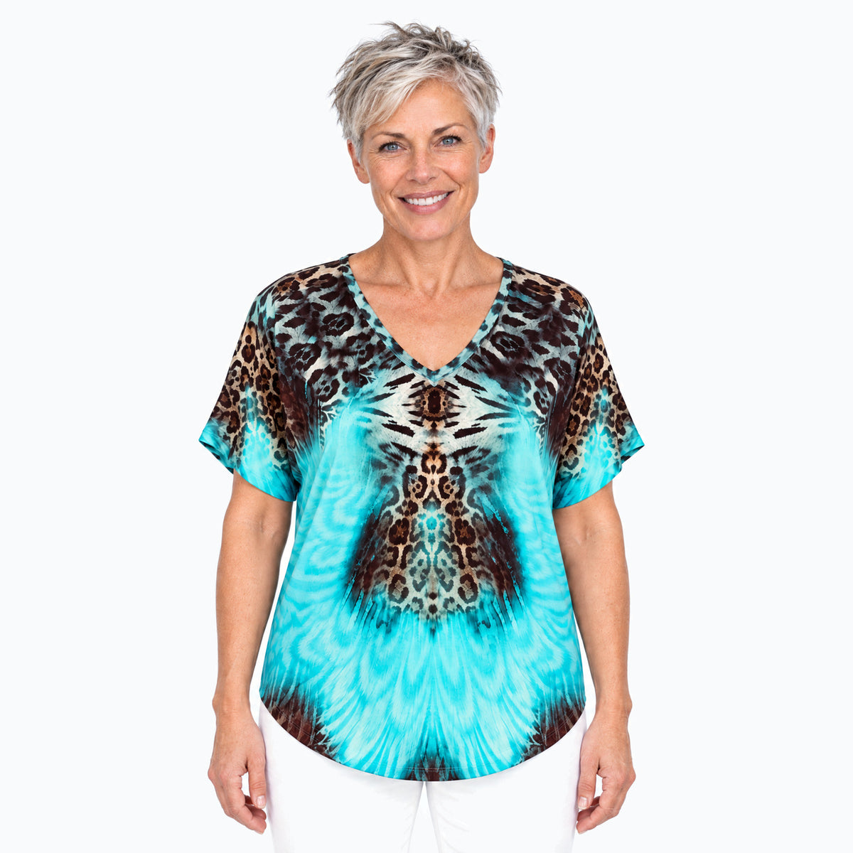 Claire Powell Savage V-neck t-shirt on a mature woman, front view