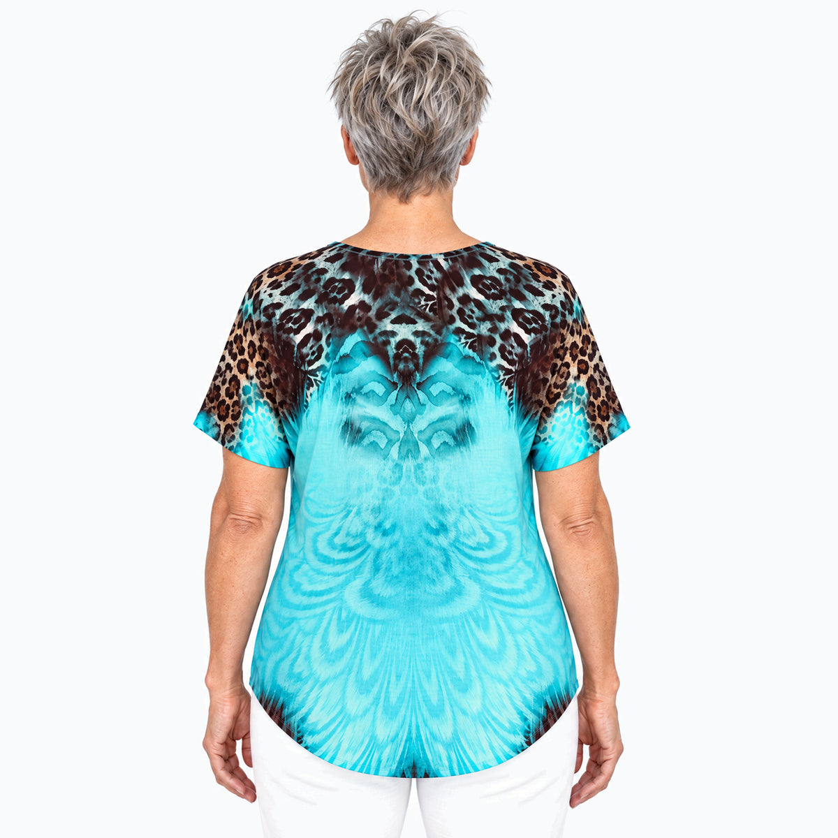 Claire Powell Savage V-neck t-shirt on a mature woman, back view