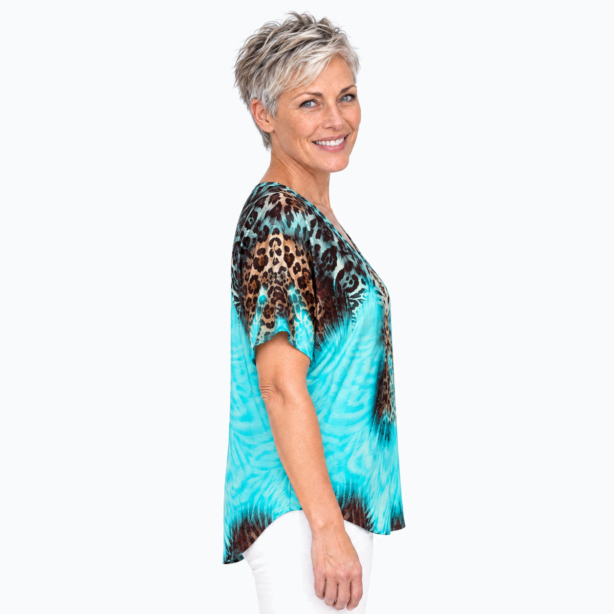Claire Powell Savage V-neck t-shirt on a mature woman, side view