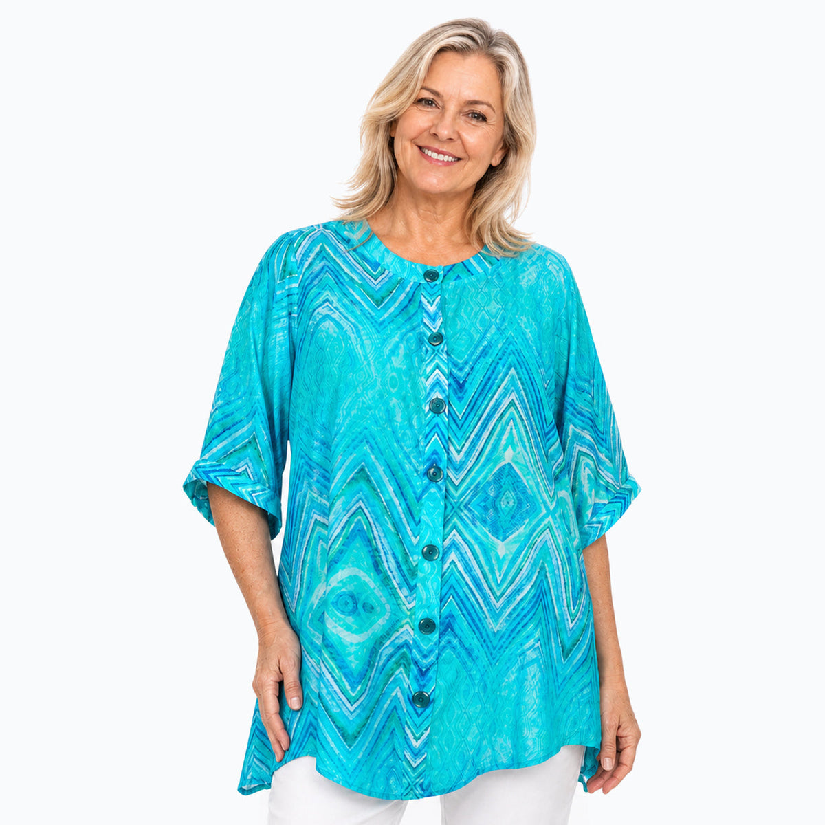 Woman wearing the Claire Powell Serenity A-Line Tunic Shirt, front view