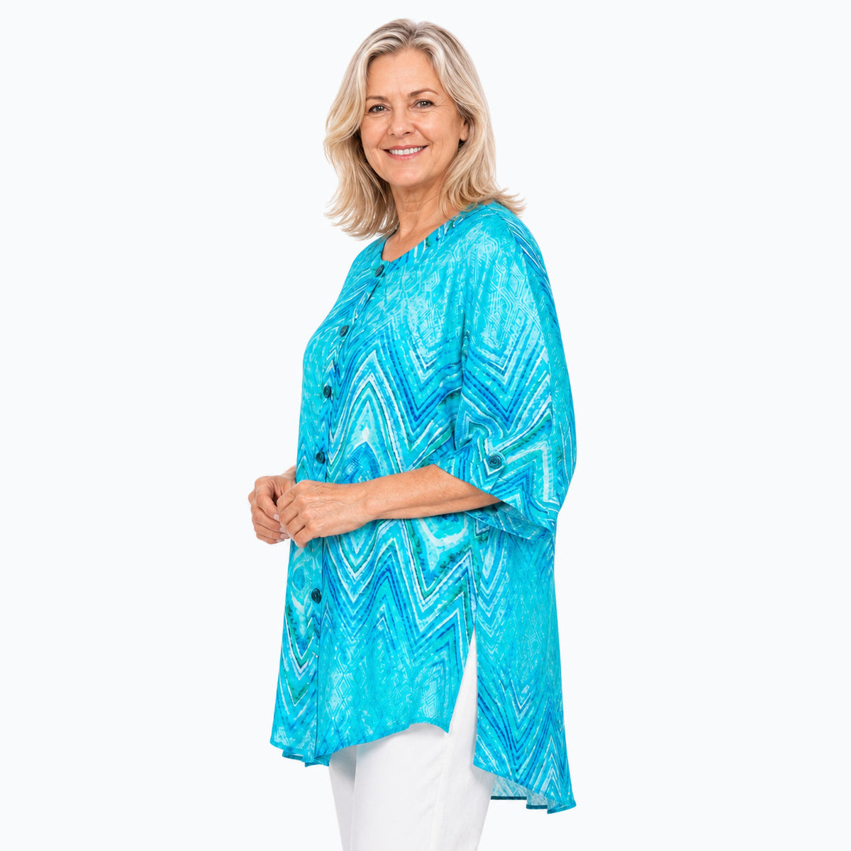 Woman wearing the Claire Powell Serenity A-Line Tunic Shirt, side view