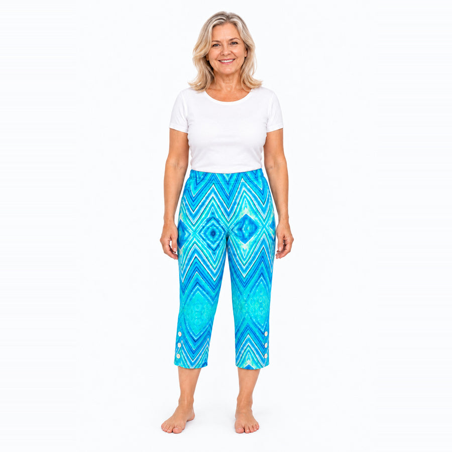 Woman wearing Claire Powell Serenity capri pants, front view