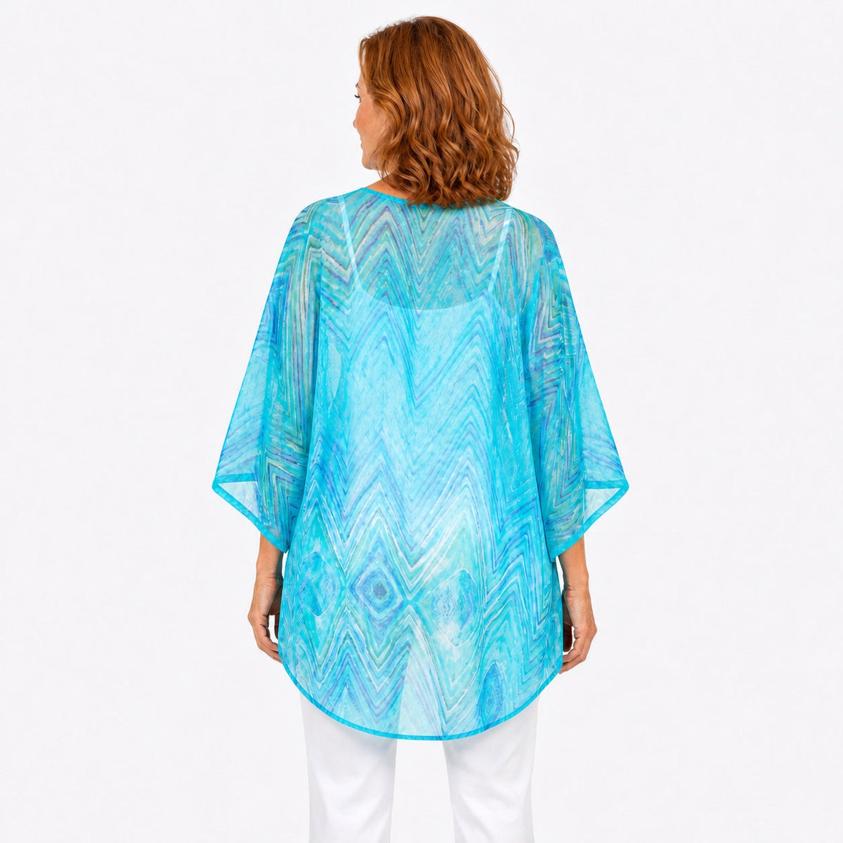 Woman wearing the Claire Powell Serenity Cotton Chiffon Kimono Cover-Up, back view