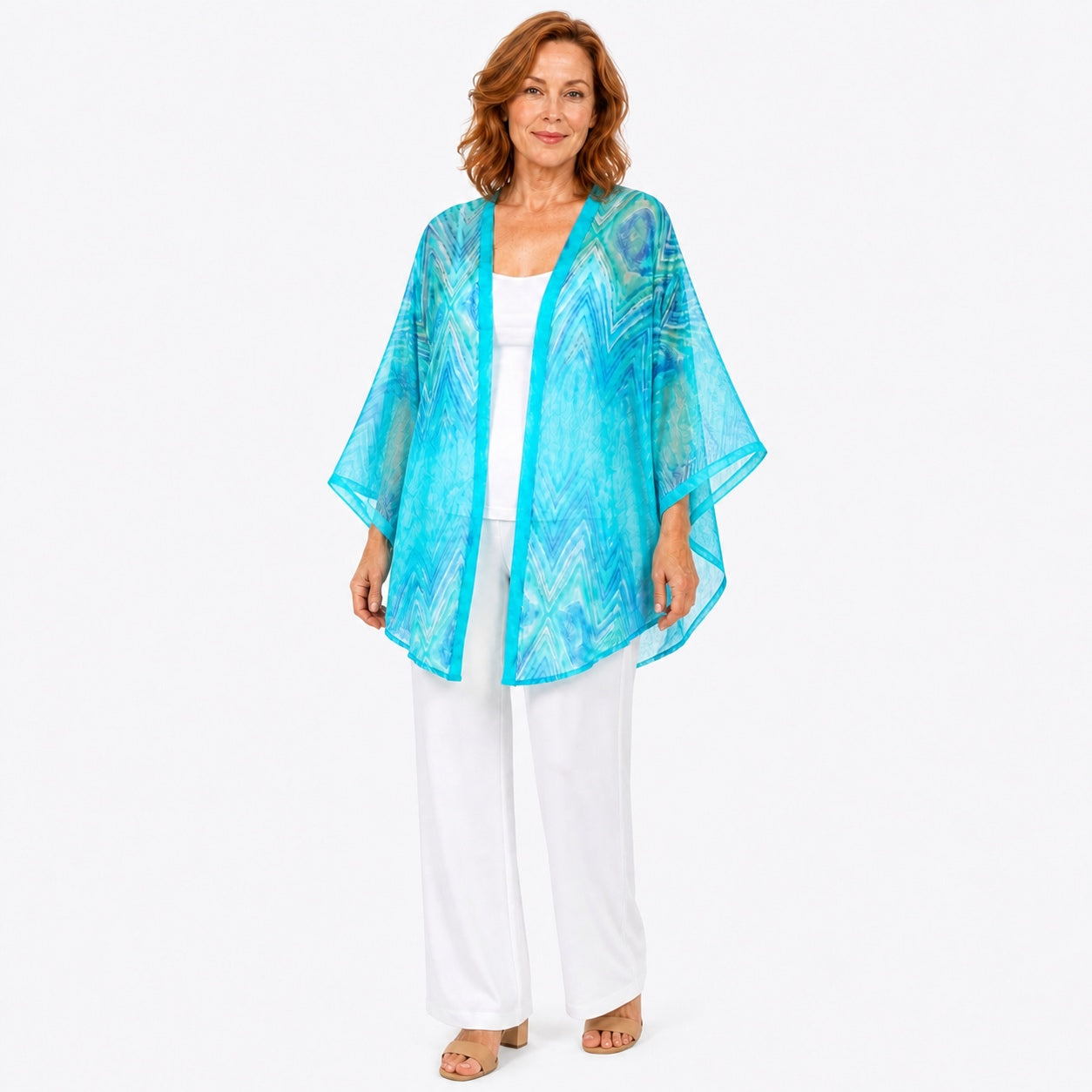 Woman wearing the Claire Powell Serenity Cotton Chiffon Kimono Cover-Up, three-quarter view