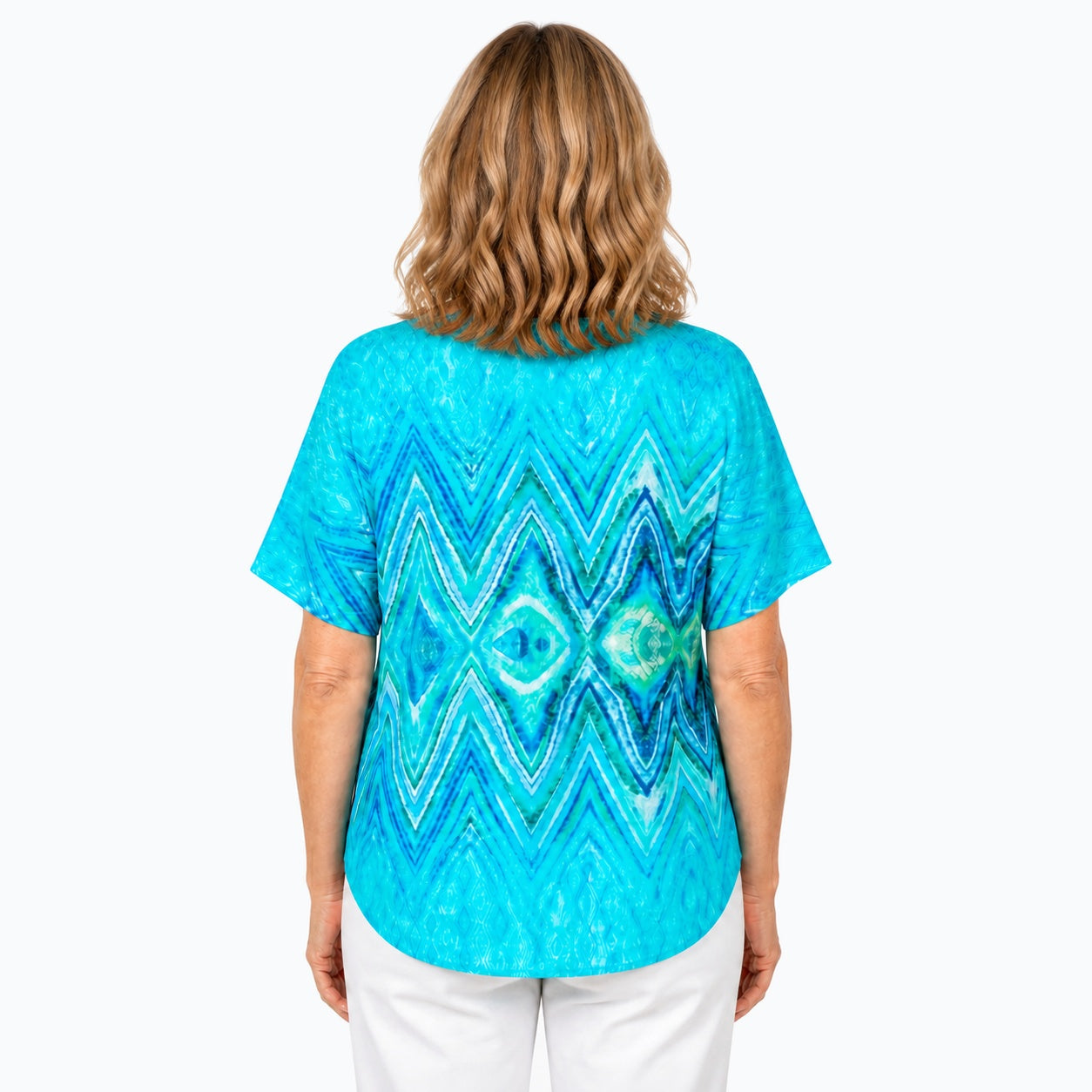 Woman wearing the Claire Powell Serenity V-Neck T-Shirt, back view