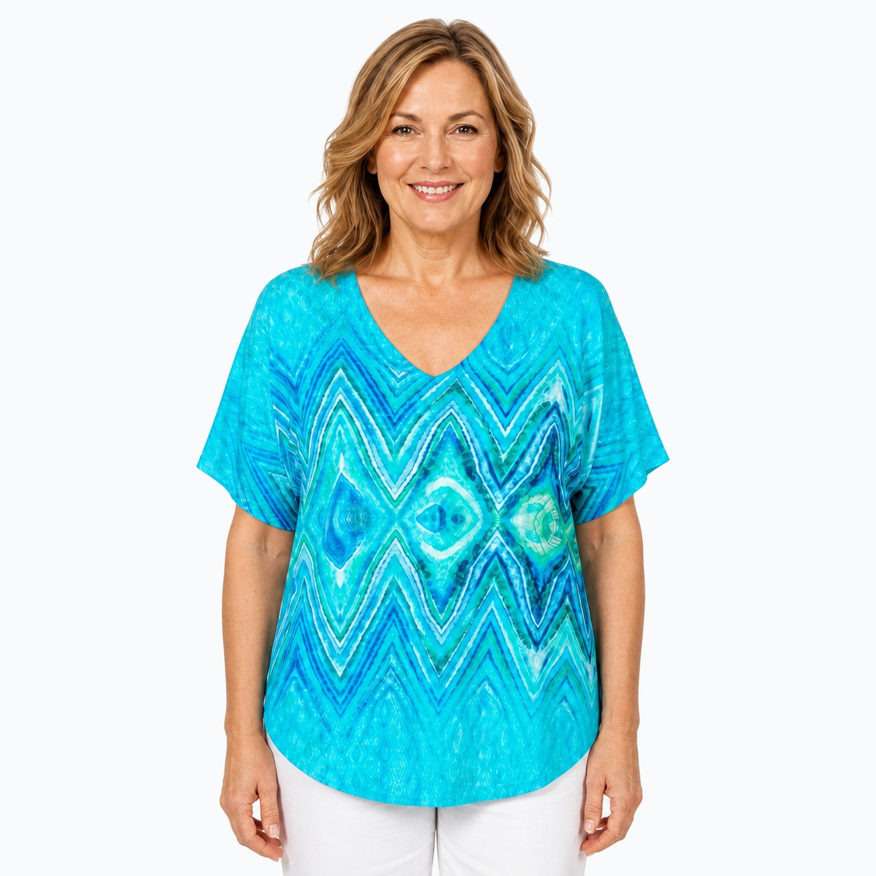 Woman wearing the Claire Powell Serenity V-Neck T-Shirt, front view