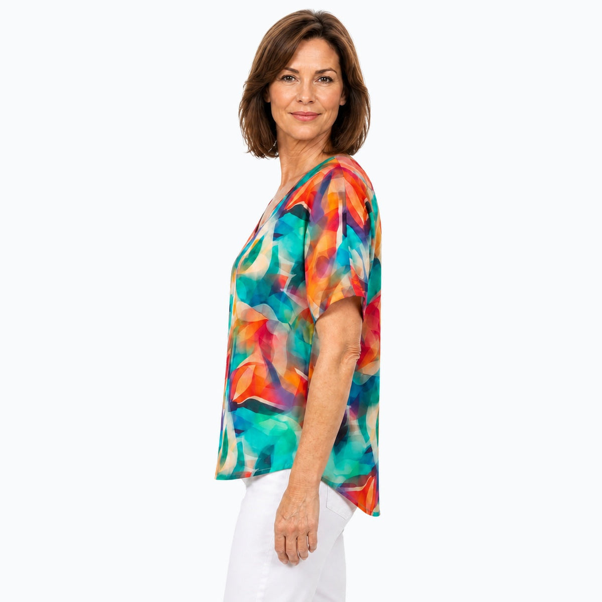 Woman wearing the Claire Powell Shine V-Neck T-Shirt, side view